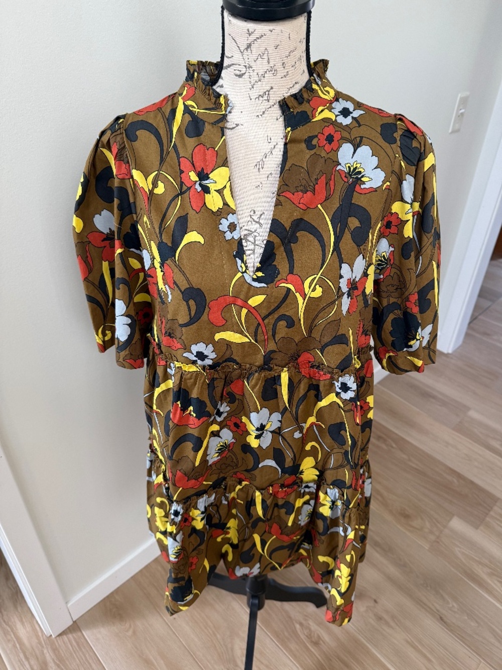 Fall Floral Tiered Dress Ruffle Neck Puff Sleeve Brown Yellow SugarLips Small